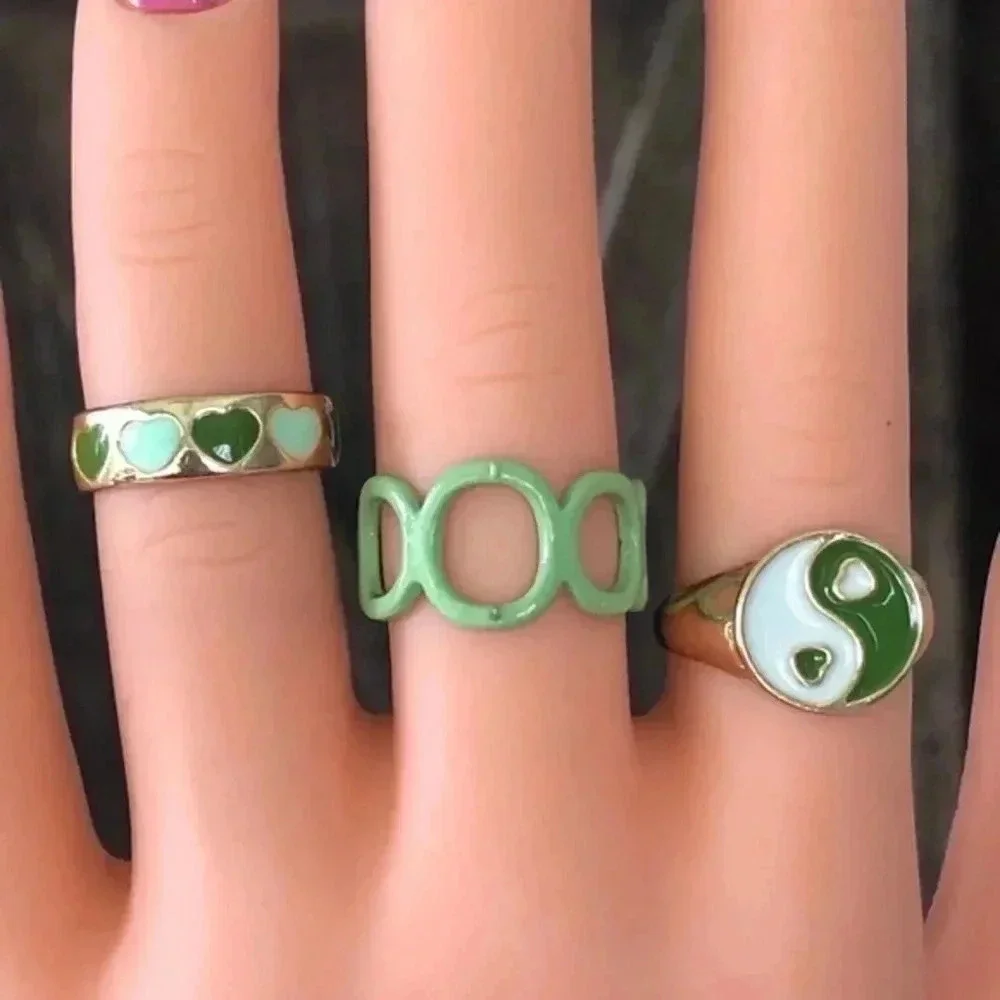 Green & Gold Tone Ying Yang Midi Adjustable Heart Rings